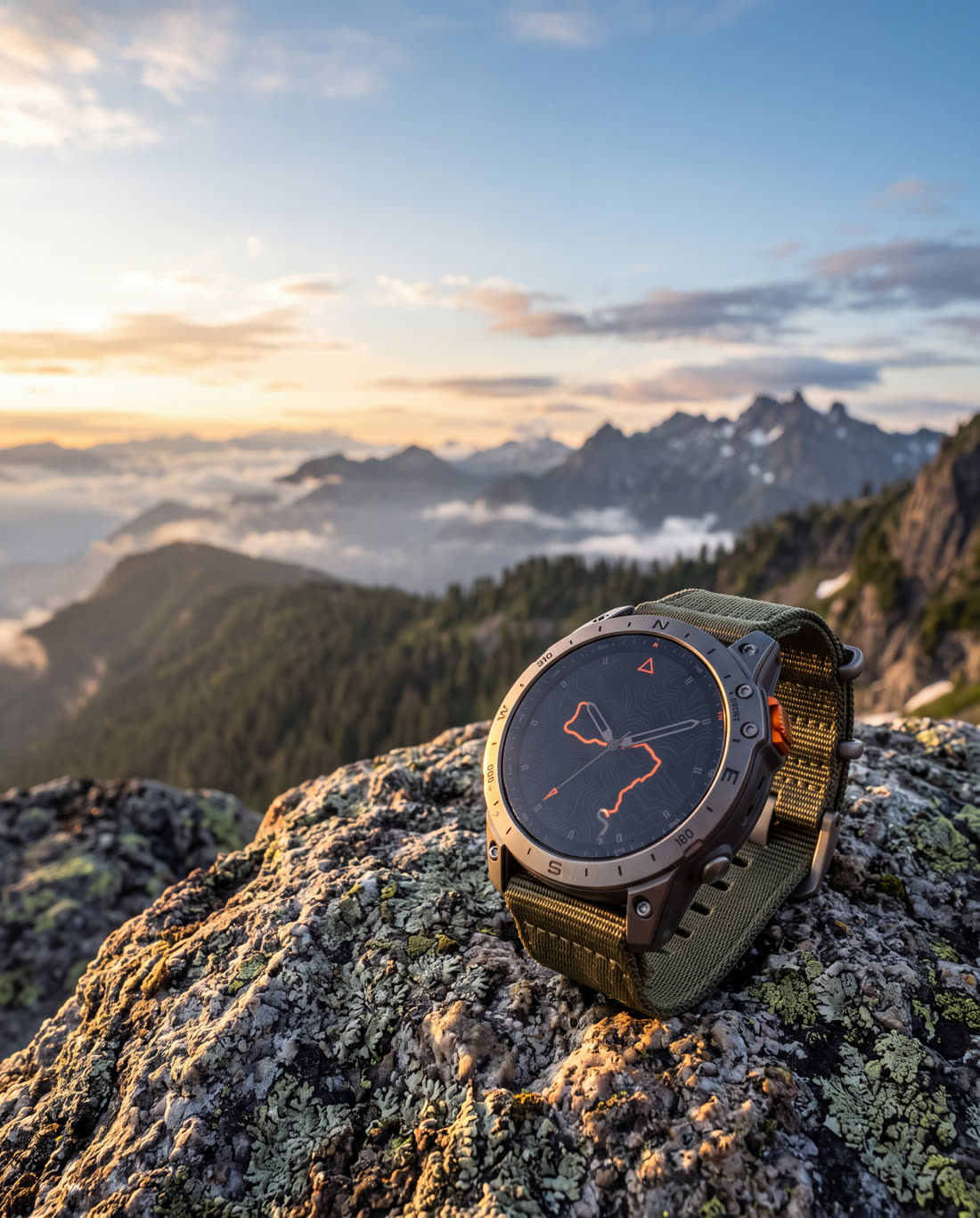 นาฬิกา NORVANT Ridge 1 บนหินยอดเขาตอนพระอาทิตย์ขึ้น